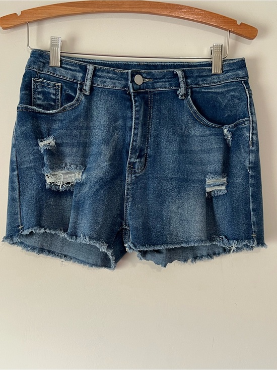 Pants - Stretch Denim Distressed Women’s Shorts - Dark Blue Wash
